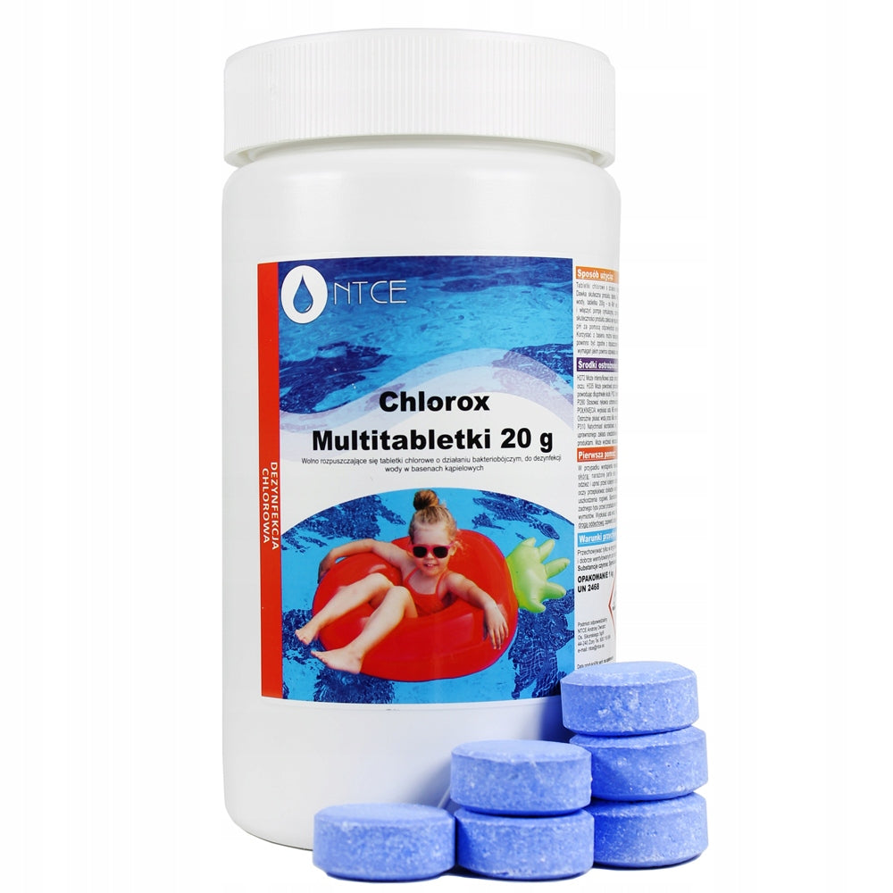 SET mit 50x CHLORTABLETTEN FÜR SCHWIMMBAD, MULTIFUNKTIONELLES BLAUES WASSER 1kg 20g