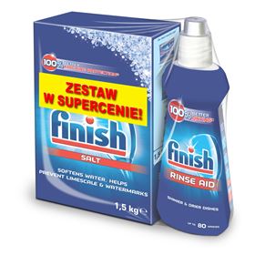 FINISH MRESZ SALZ FÜR GESCHIRRSPÜLER 1,5 KG + KLARSPÜLER 400 ML 4 PACKUNGEN