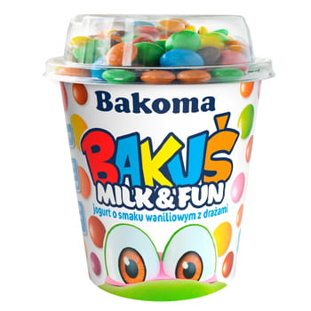 Bakuś Milk&Fun Joghurt mit Vanillegeschmack und Dragees 135g