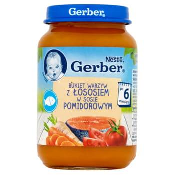 Abendessen-Gemüsebouquet mit Lachs in Tomatensauce nach 6 Monaten Gerber 190g