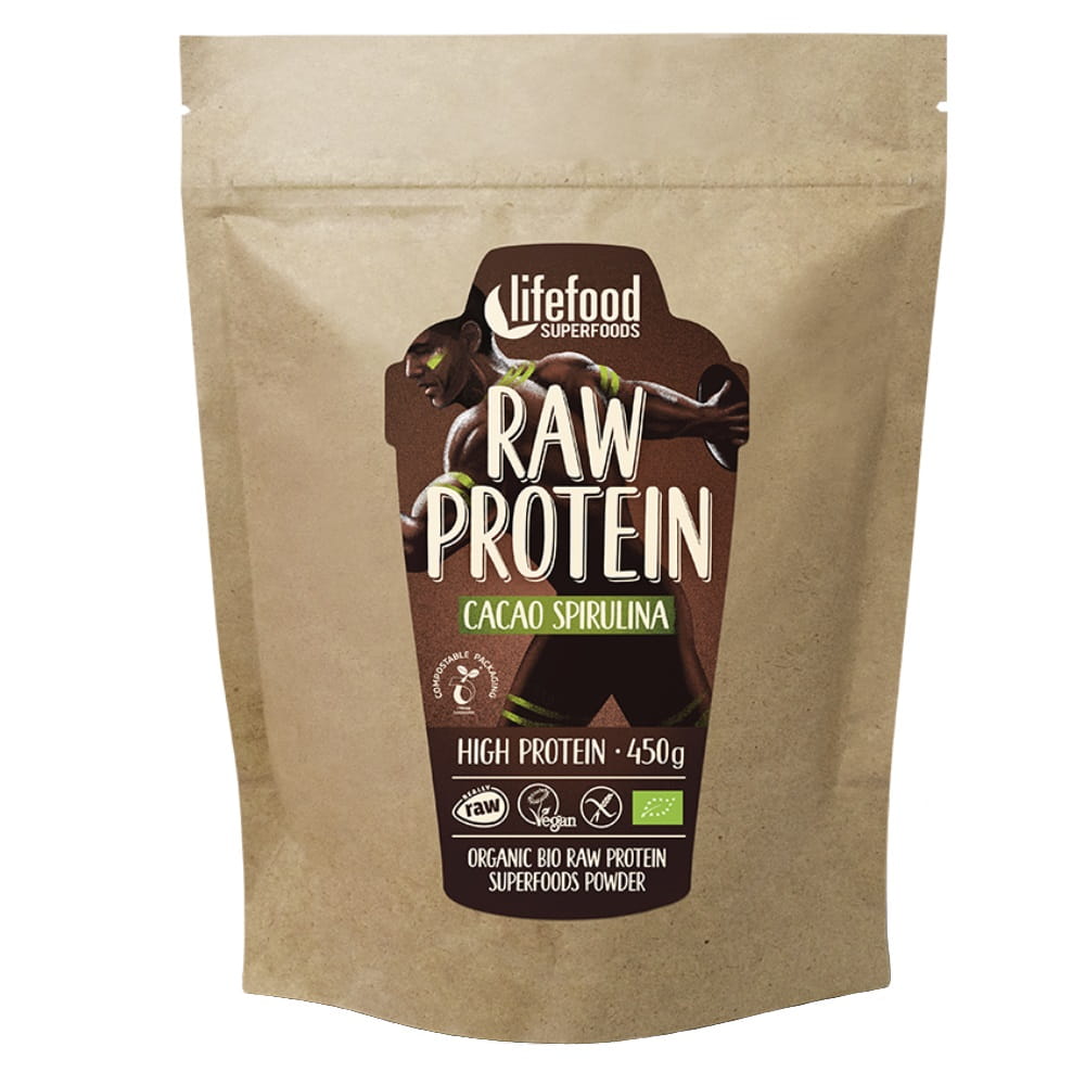 Rohes pflanzliches Protein mit Kakao und Spirulina Glutenfrei BIO 450 g - LIFEFOOD