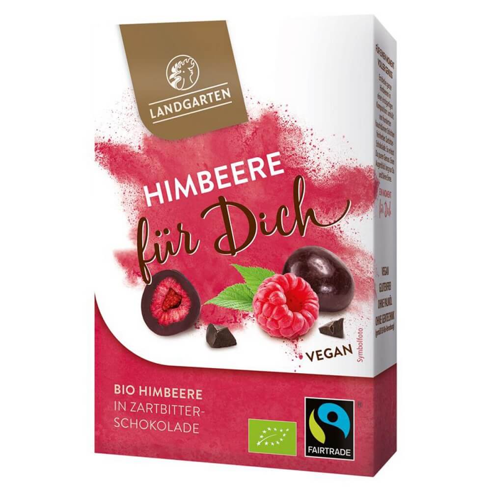 Glutenfreie gefriergetrocknete Himbeeren in Zartbitterschokolade BIO 90 g - LANDGARTEN