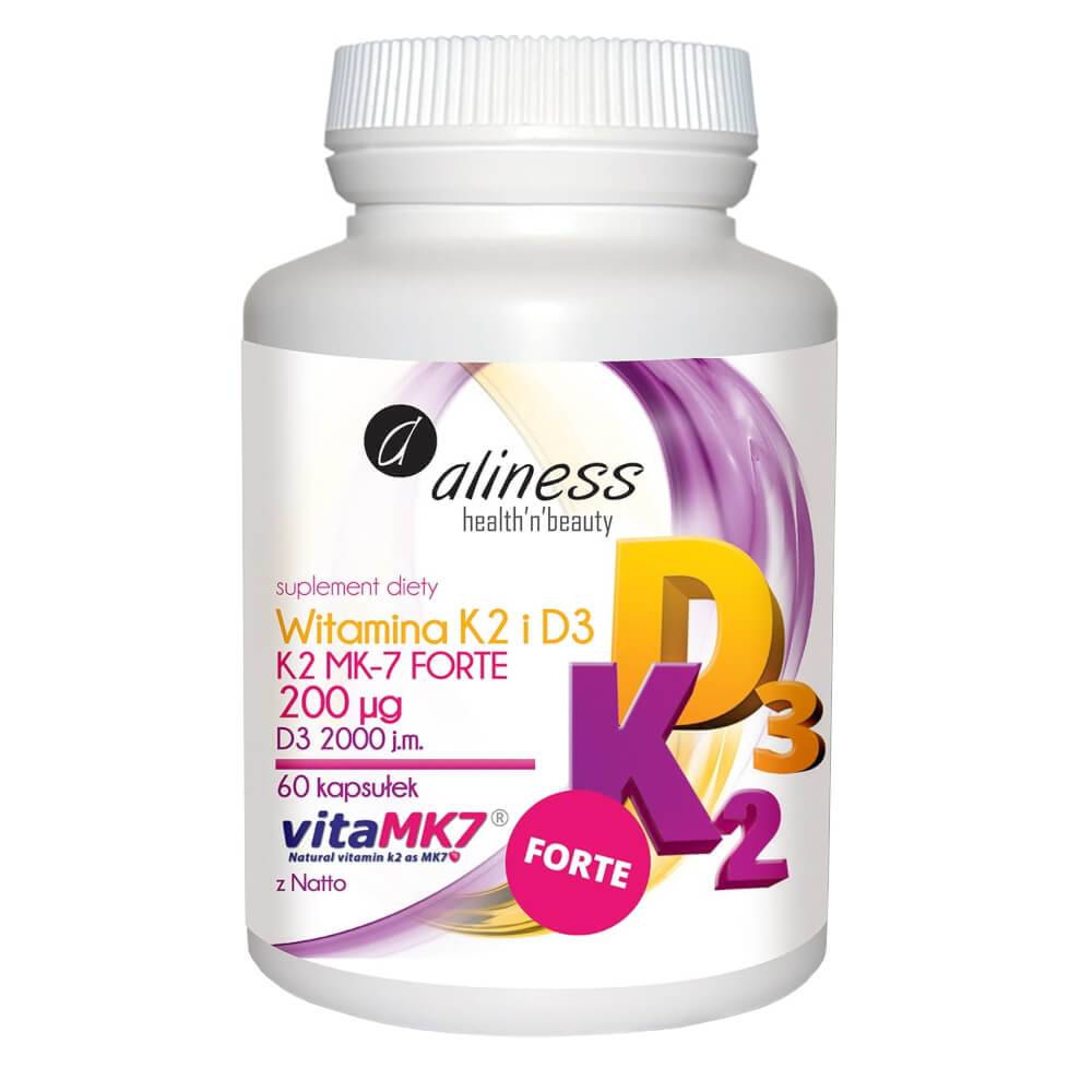 Vitamin K2 MK - 7 FORTE mit Natto 200 mcg und D3 2000 IE 60 Kapseln ALINESS