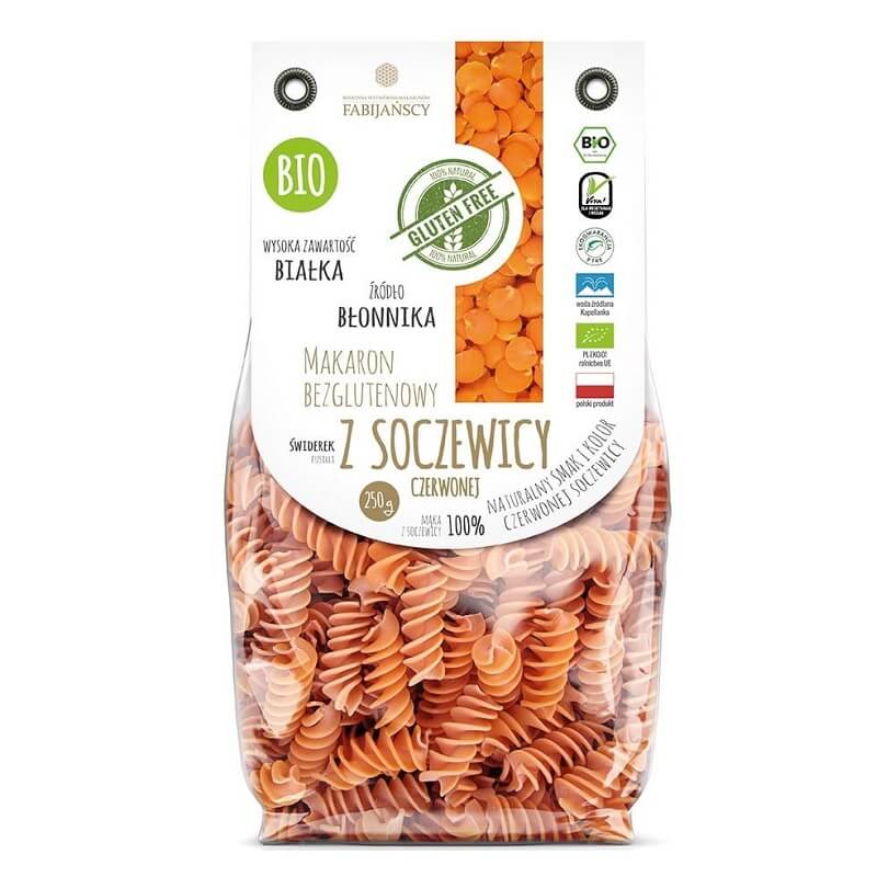 Nudeln (rote Linsen), Fusilli, glutenfrei BIO 250 g - FABIJAŃSCY