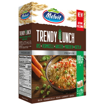 Trendy Lunch Parboiled Reis, Fadennudeln, Erbsen, Karotten, Basilikum Melvit 4x80g