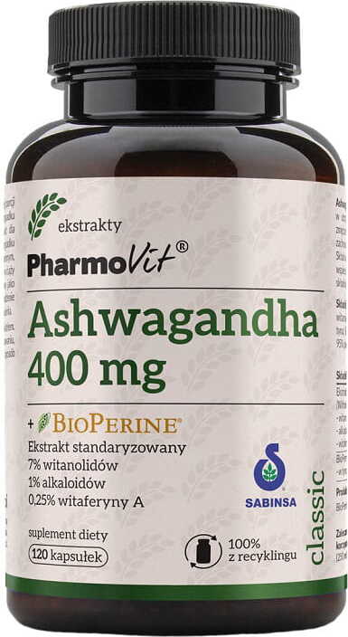 Ginseng - Indischer Ginseng Ashwagandgha 400 mg + Bioperin standardisierter Extrakt 120 Kapseln PHARMOVIT