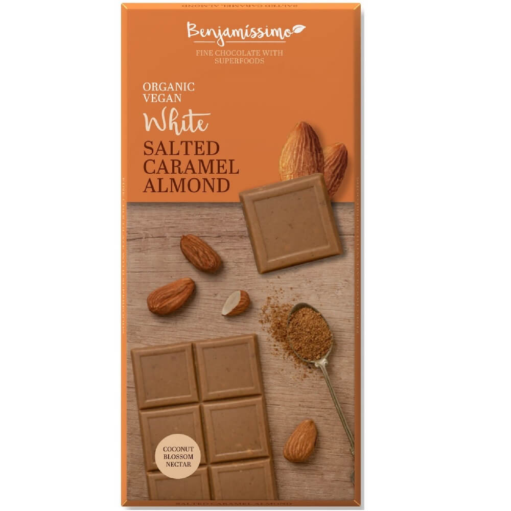 Vegane weiße Schokolade, salziges Karamell mit Mandeln BIO glutenfrei 70 g HAPPY BENJAMINO