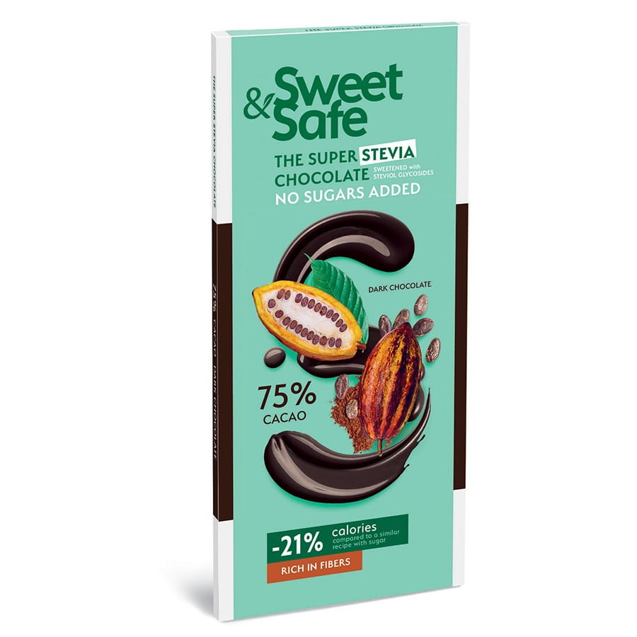 Zartbitterschokolade 75% Kakao gesüßt mit Stevia 90g SWEET & SAFE