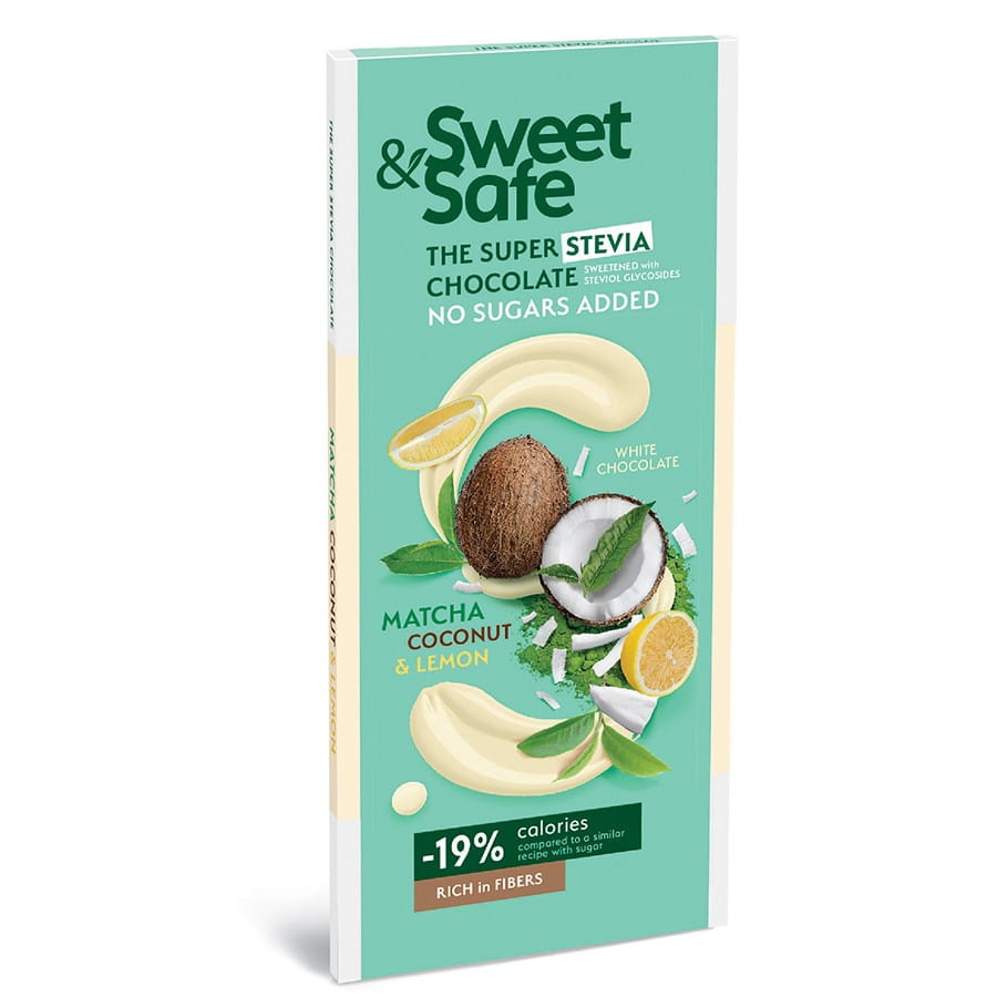 Weiße Schokolade - Matcha Kokos und Zitrone gesüßt mit Stevia 90g SWEET & SAFE