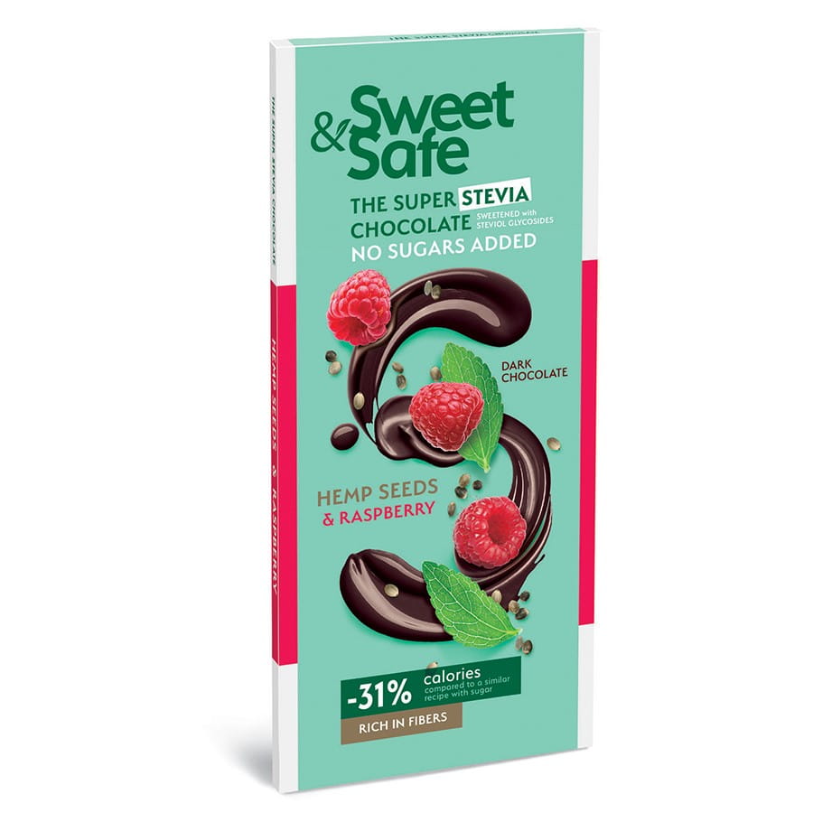 Dessertschokolade - Himbeere und Hanfsamen gesüßt mit Stevia 90g SWEET & SAFE