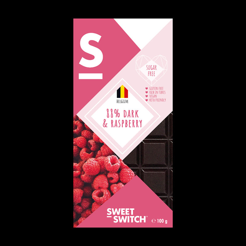 Bitterschokolade 88% mit Himbeeren ohne Zuckerzusatz 100g SWEET SWITCH