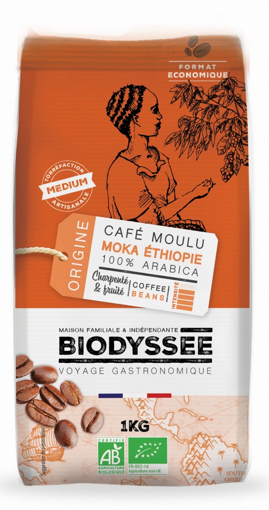 Café 100% Arabica Ethiopie Moka grainé 1 kg ECO BIODYSSEE