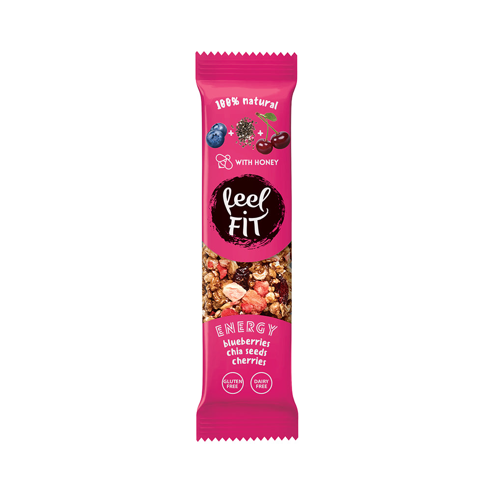 Barre myrtilles aux graines de chia et cerises 35 g - FEEL FIT